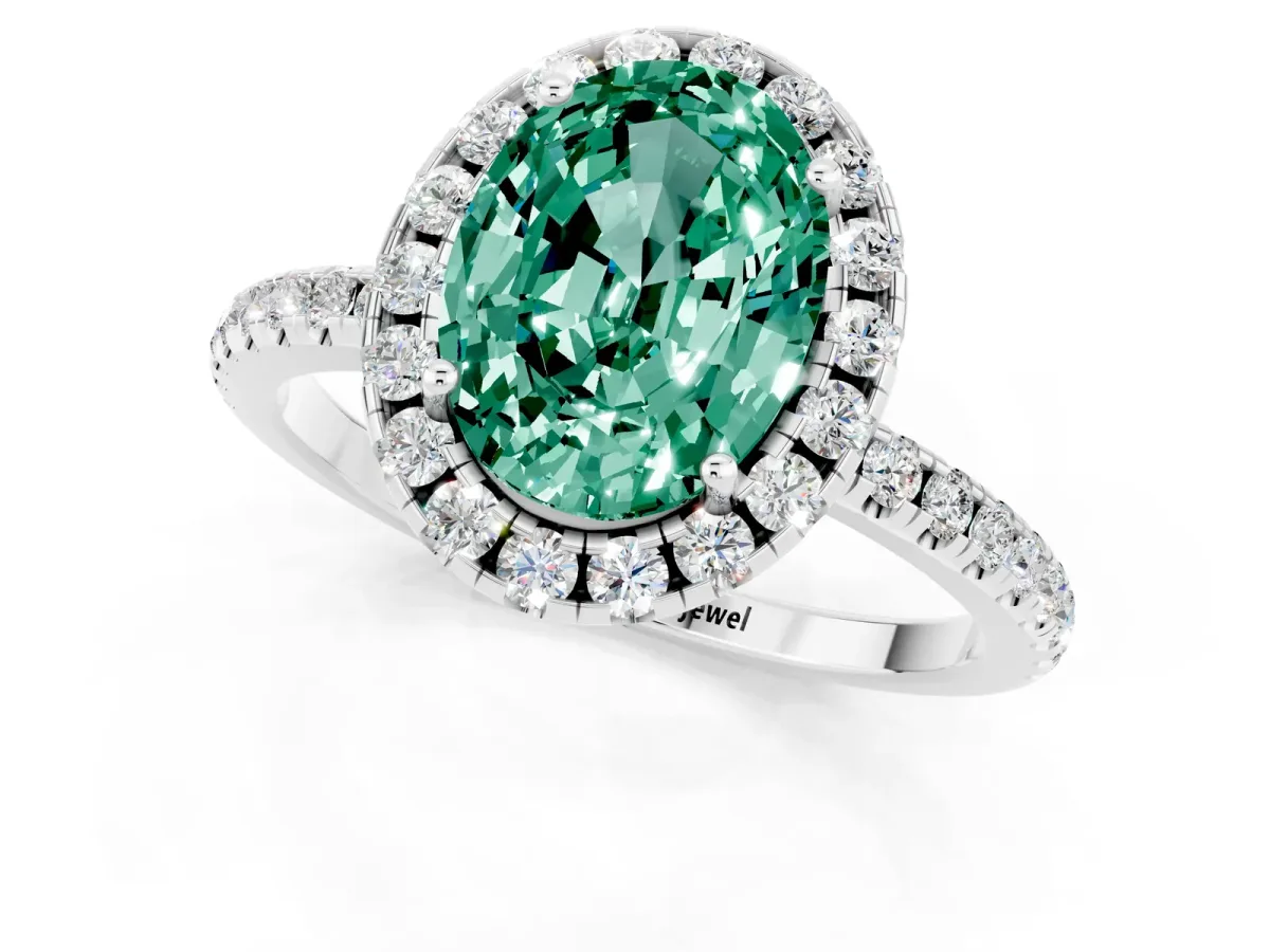 Oval Cut Green Sapphire Halo Ring with Round Pavé Band and Prong Setting White gold