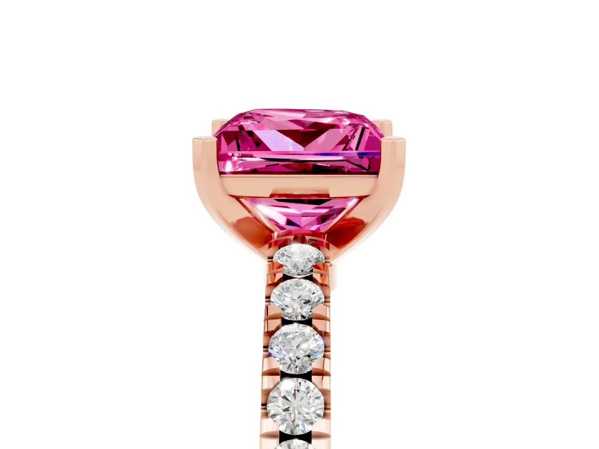 Princess Cut Solitaire Pink Sapphire with Pavé Band and Four-Prong Setting Rose gold