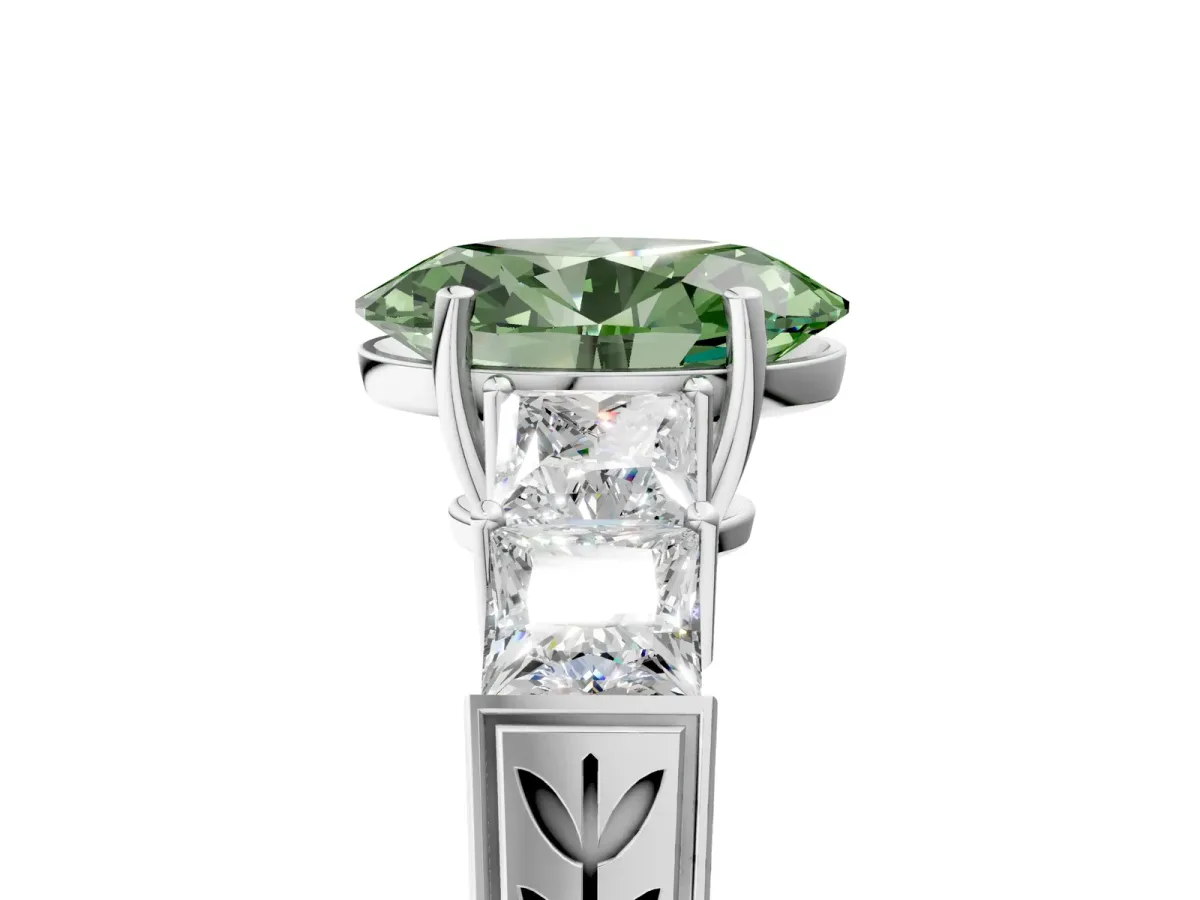Fancy Green Oval Cut Solitaire Princess Side Stone Engraved Band Prong Setting Ring Platinum