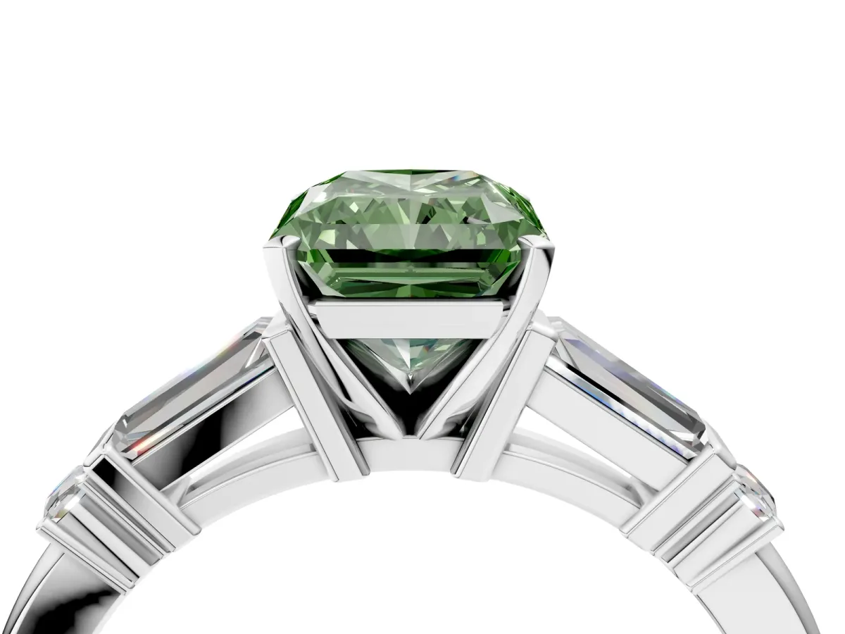 Fancy Green Radiant Cut Cut Diamond Ring with Baguette Side Stones, Channel Set Band, and Four-Prong Setting Platinum