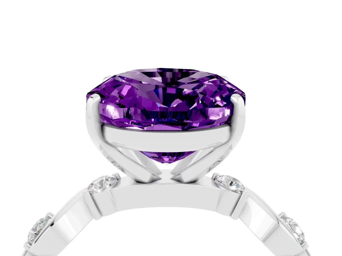 Oval Cut Amethyst Solitaire Twisted Band with Round Accents and Prong Setting Silver