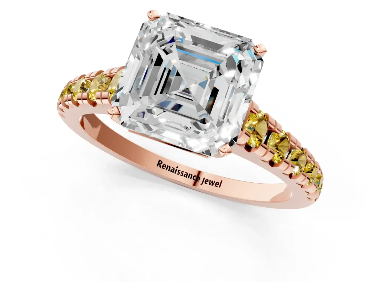 Asscher Cut Diamond Cathedral Solitaire Ring with Round Yellow Sapphire Pavé Band Rose gold