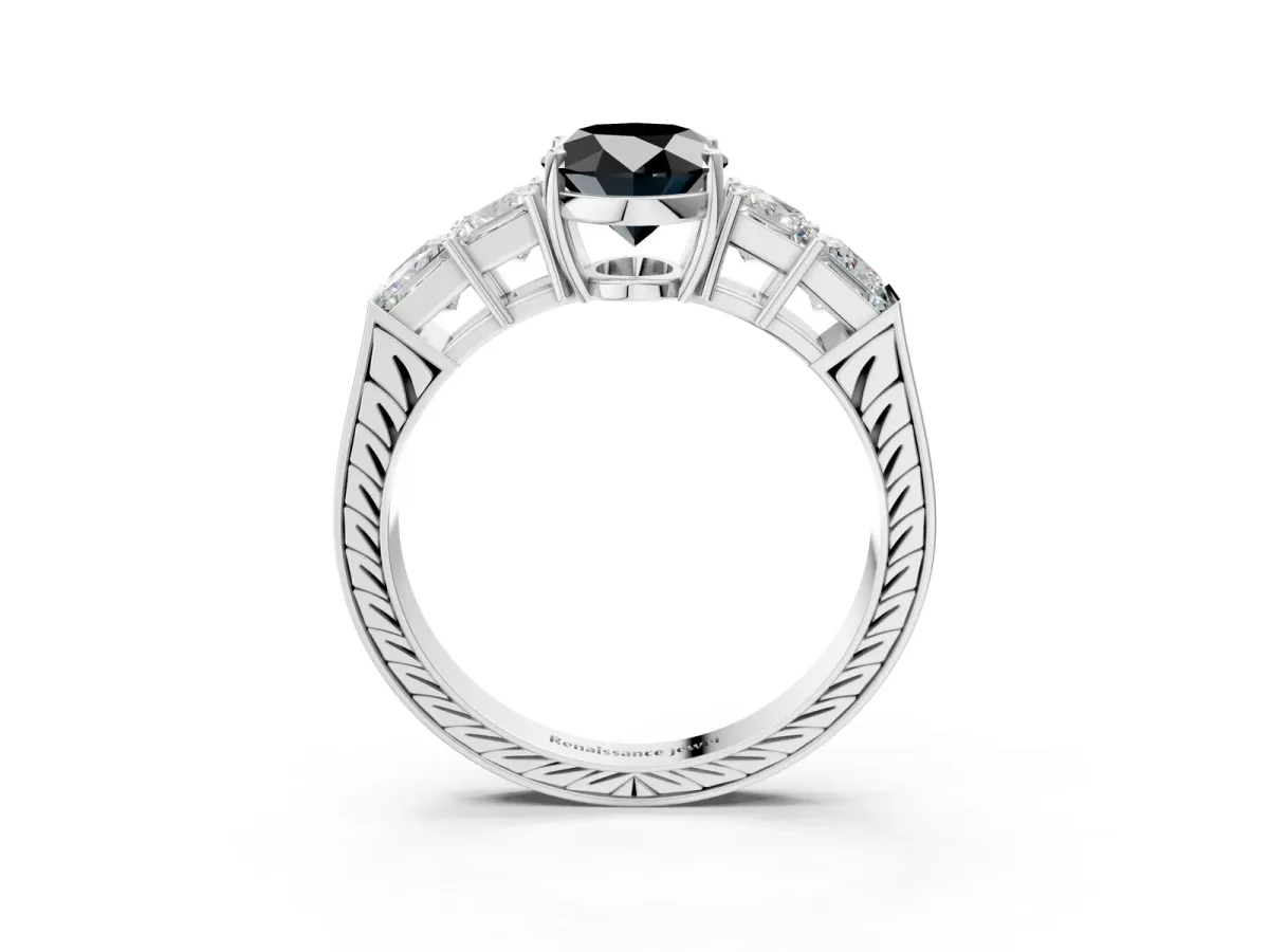 Fancy Black Oval Cut Solitaire Princess Side Stone Engraved Band Prong Setting Ring Silver