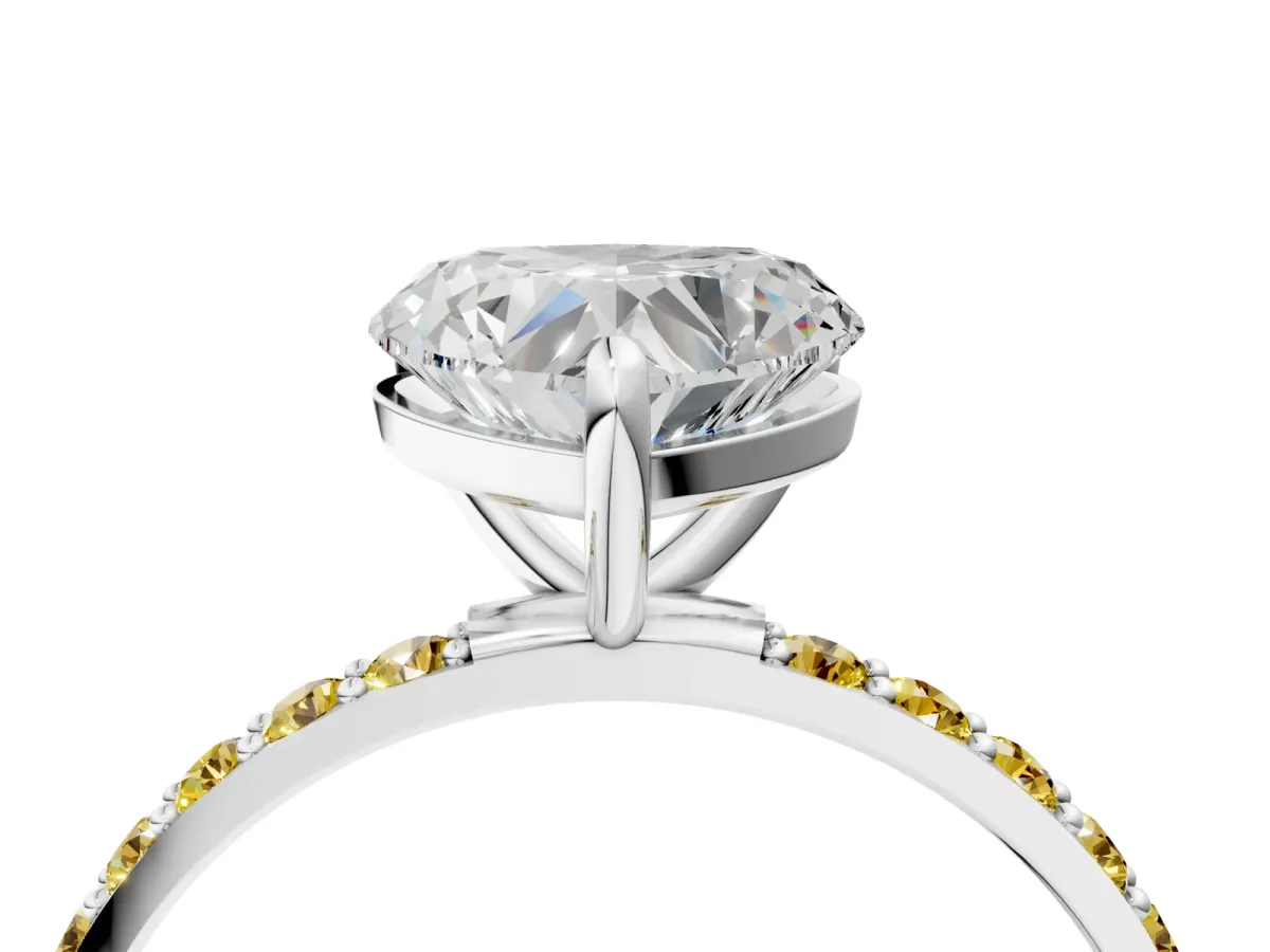 Heart Cut Diamond Solitaire Ring with Round Yellow Sapphire Pavé Band and Prong Setting White gold