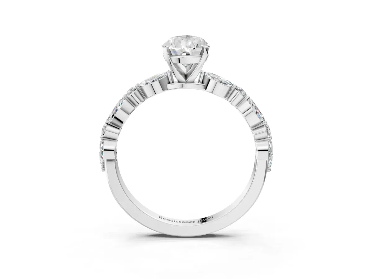 Pear Cut Diamond Ring with Marquise and Round Moissanite Side Stones and Four-Prong Setting White gold