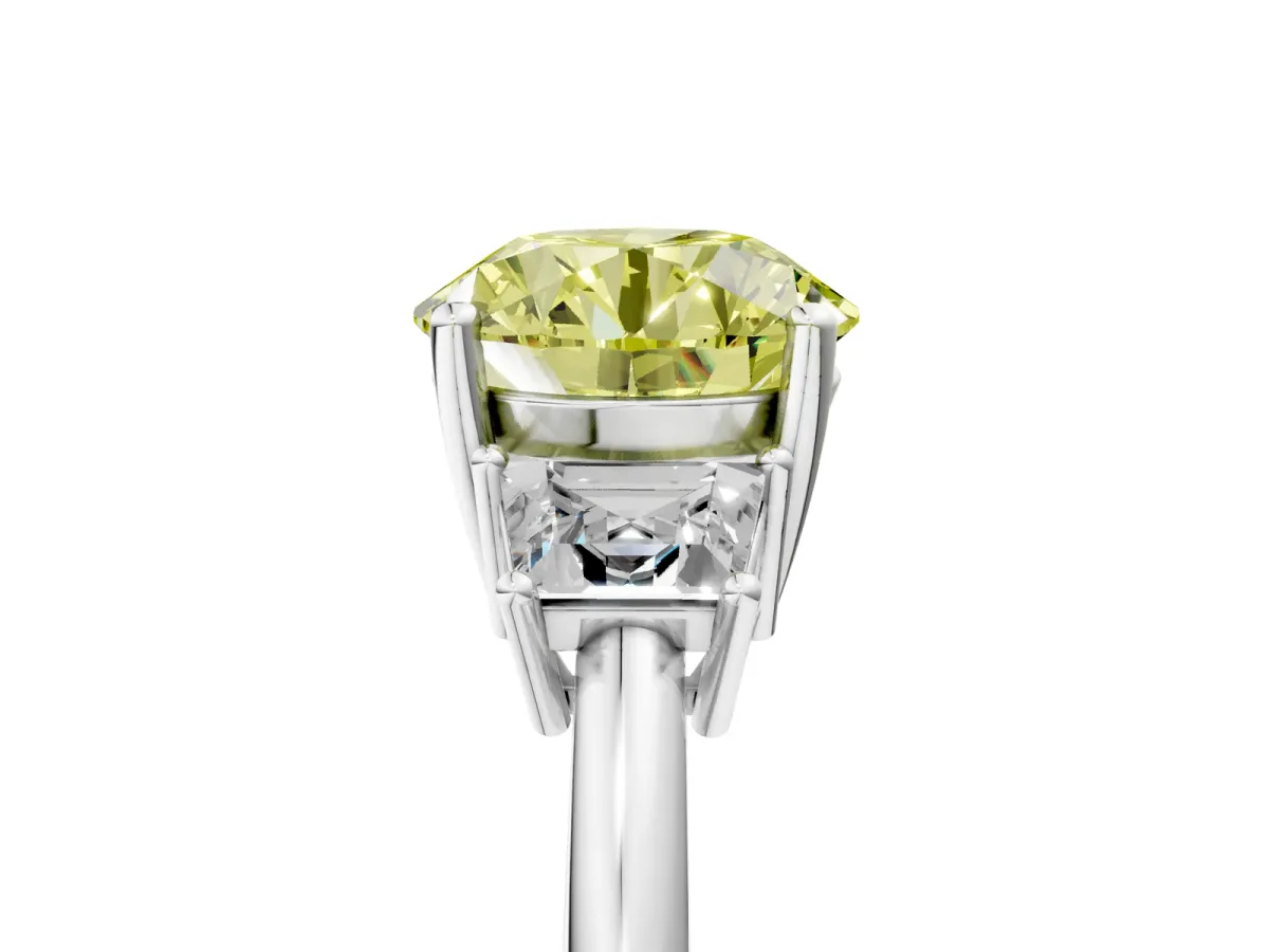 Fancy Yellow Round Cut Diamond Three-Stone Ring with Trapezoid Side Stones and Prong Setting White gold