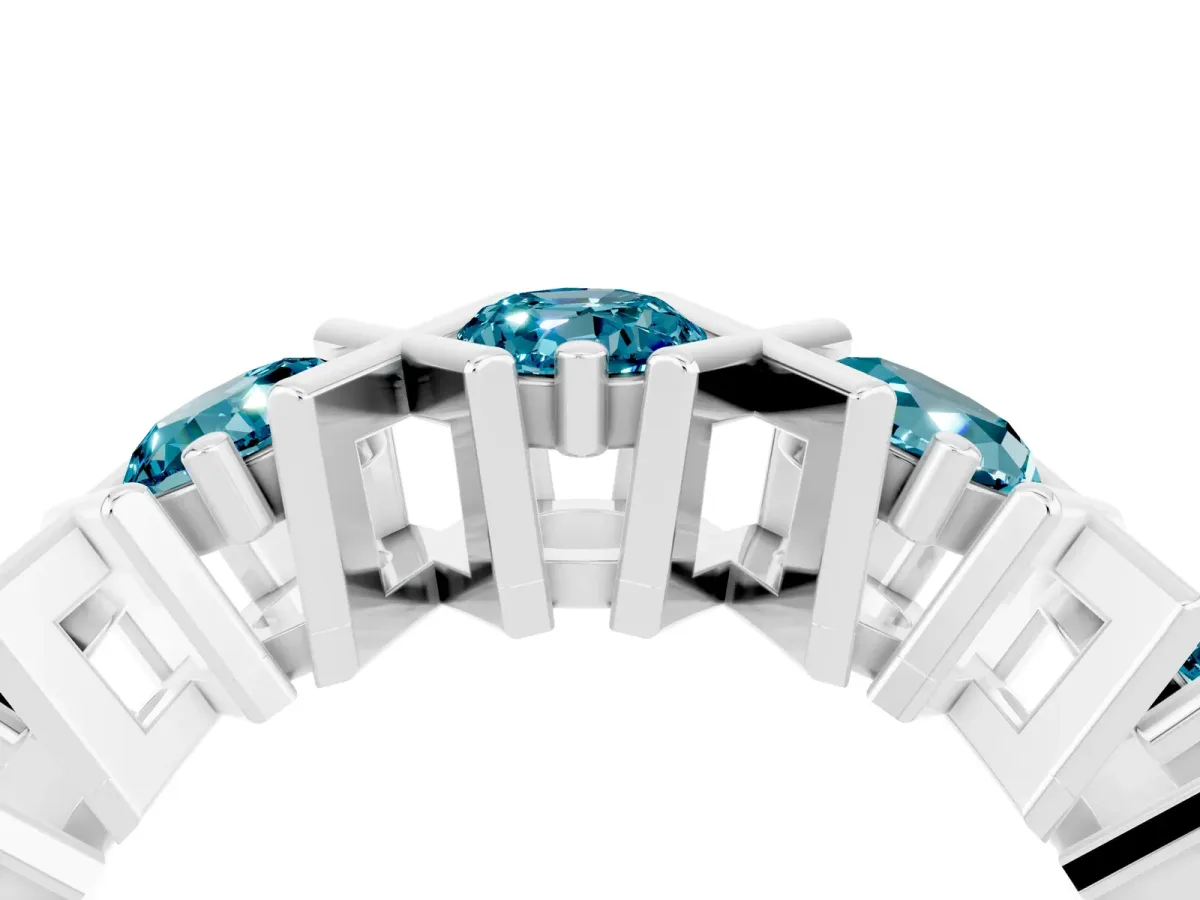 Round Blue Topaz Channel Set Band with X-Prong Detail White gold