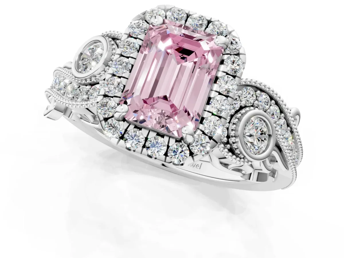 Fancy Pink Emerald Cut Diamond Halo Ring with Milgrain Pavé Band and Four-Prong Setting White gold