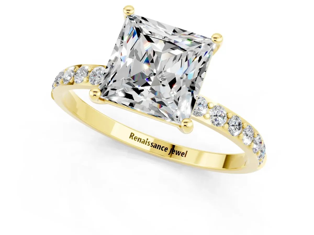 Princess Cut Moissanite Solitaire Ring with Round Pavé Band and Prong Setting Yellow gold