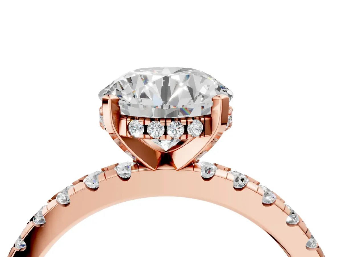 Round Cut Diamond Solitaire Ring with Round Moissanite Pavé Band and Four-Prong Setting Rose gold