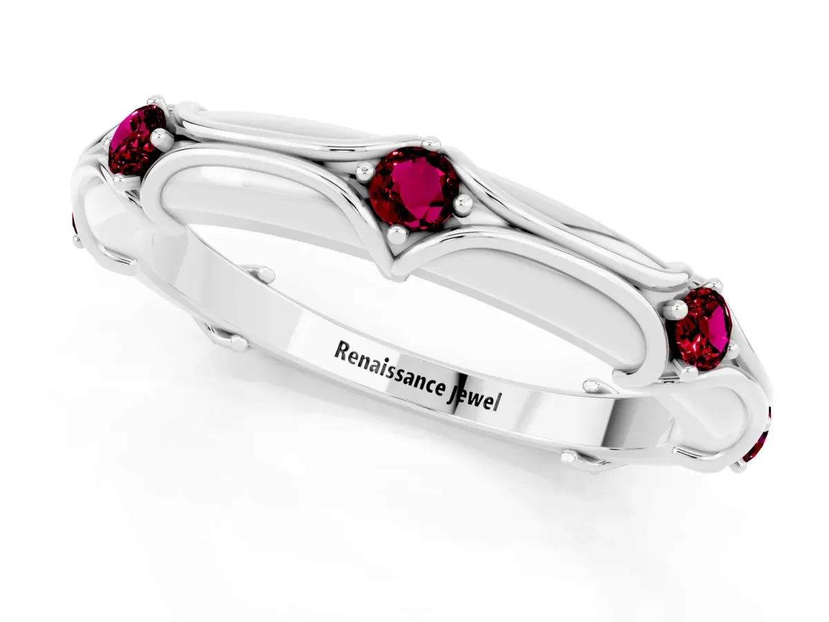 Round Garnet Prong Set Milgrain Eternity Band White gold