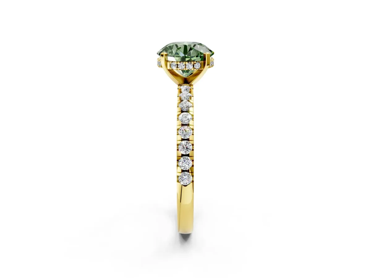 Fancy Green Round Cut Diamond Solitaire Ring with Round Pavé Band and Four-Prong Setting Yellow gold