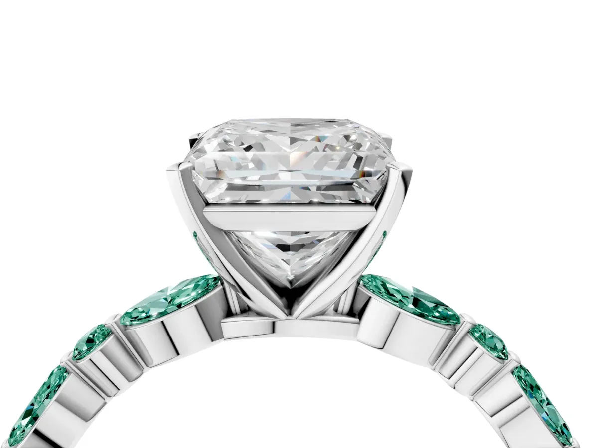 Princess Cut Diamond Ring with Marquise and Round Green Sapphire Side Stones and Four-Prong Setting Platinum