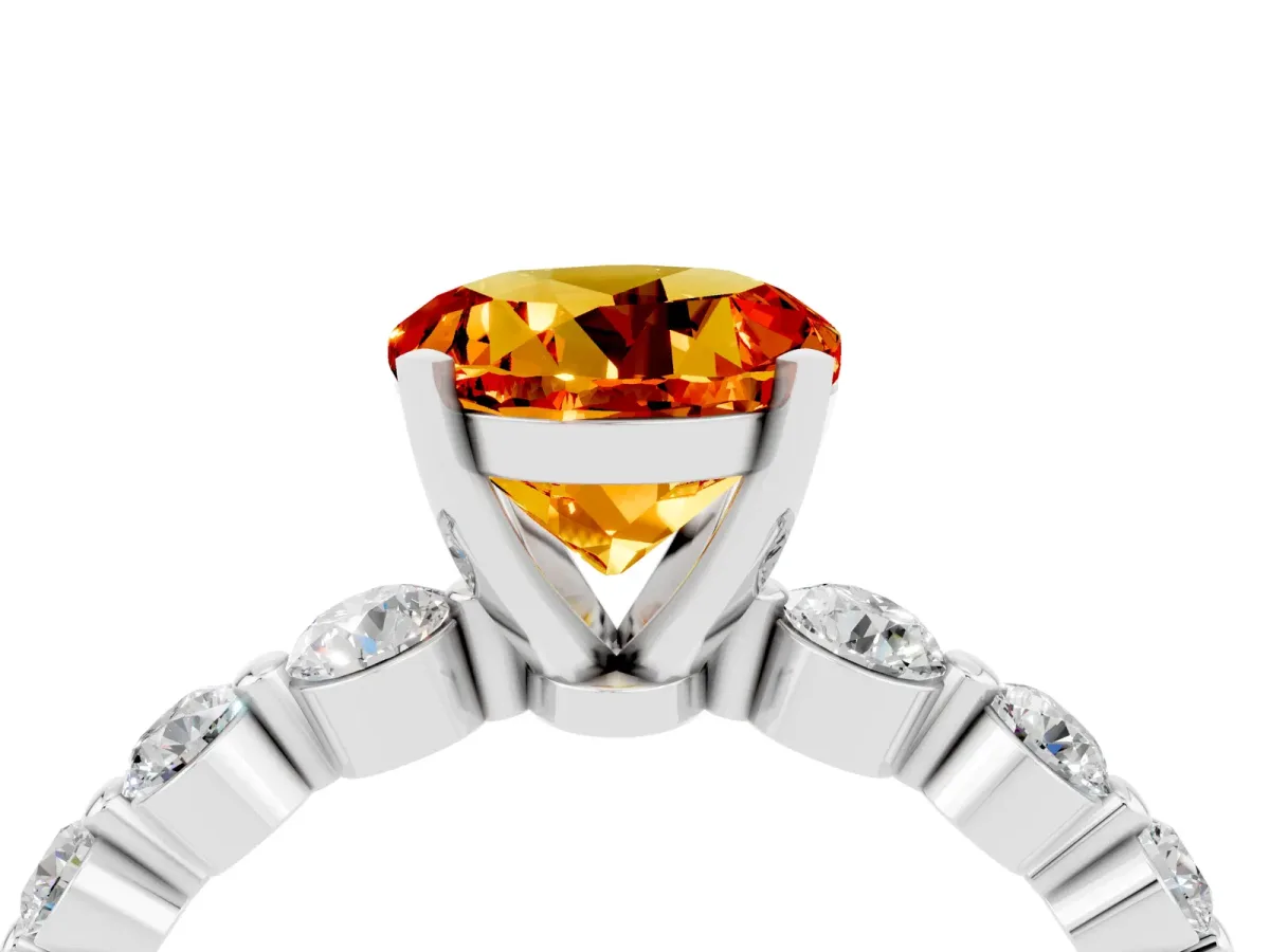 Round Cut Solitaire Citrine Ring with Pave Band and Four-Prong Setting Silver
