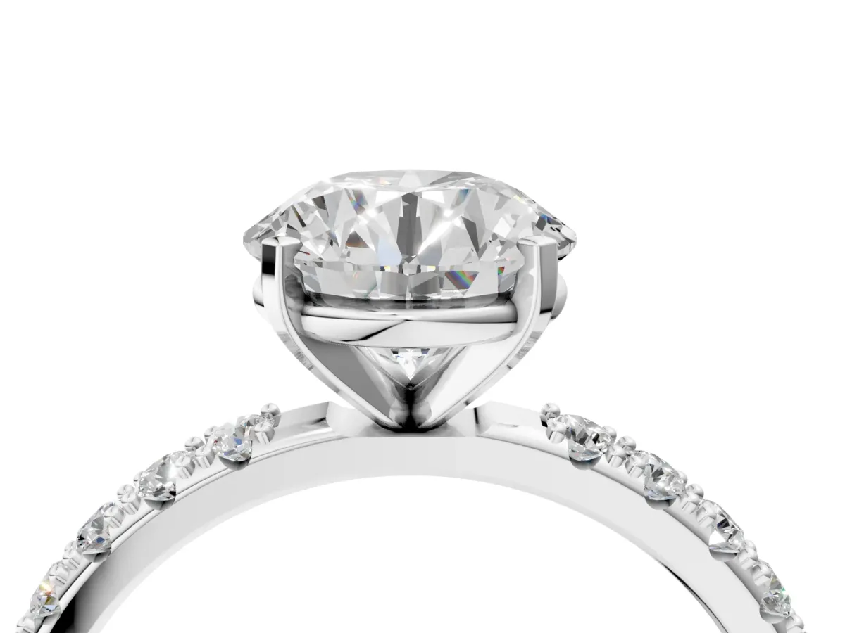 Round Cut Diamond Solitaire Pavé Band with Four-Prong Setting Silver