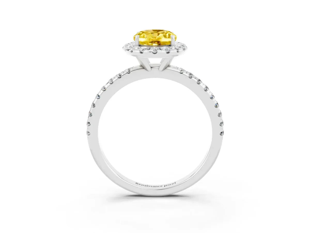 Oval Cut Yellow Sapphire Halo Ring with Round Pavé Band and Prong Setting White gold