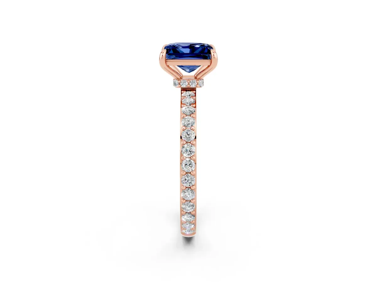 Princess Cut Blue Sapphire Solitaire Engagement Ring with Pavé Band and Four-Prong Setting Rose gold