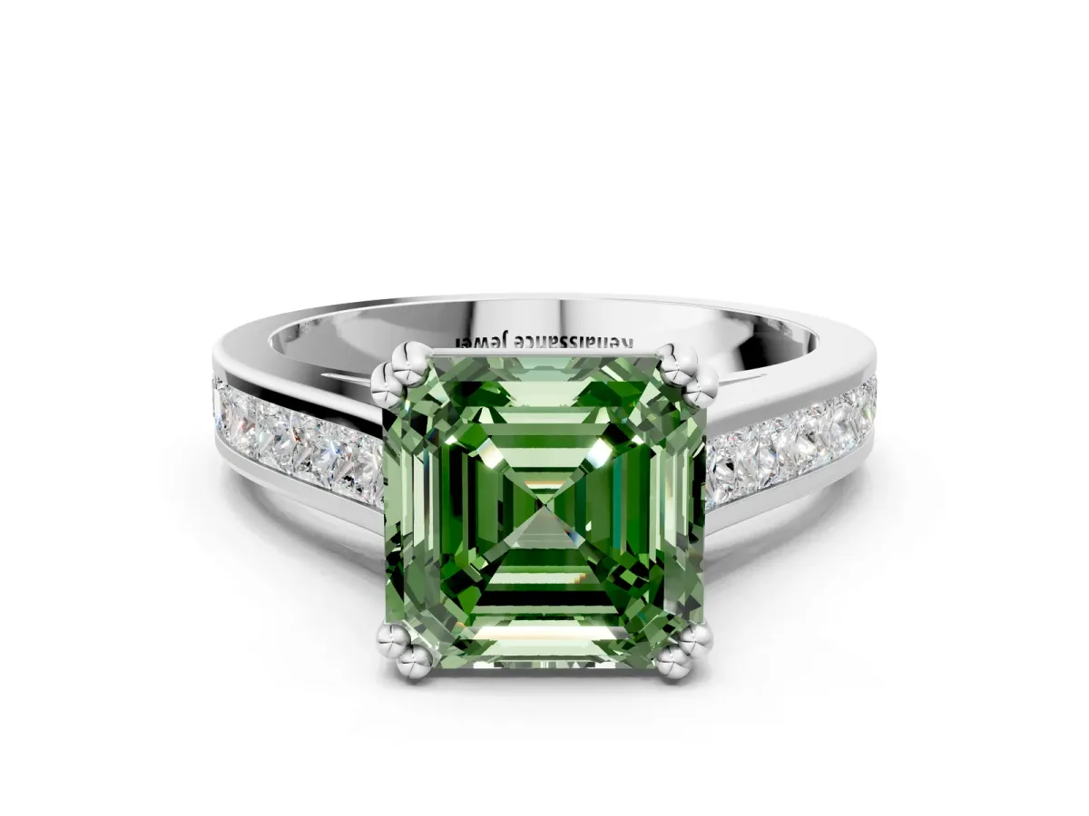 Fancy Green Asscher Cut Cut Channel Set Solitaire Engagement Ring with Prong Setting Platinum