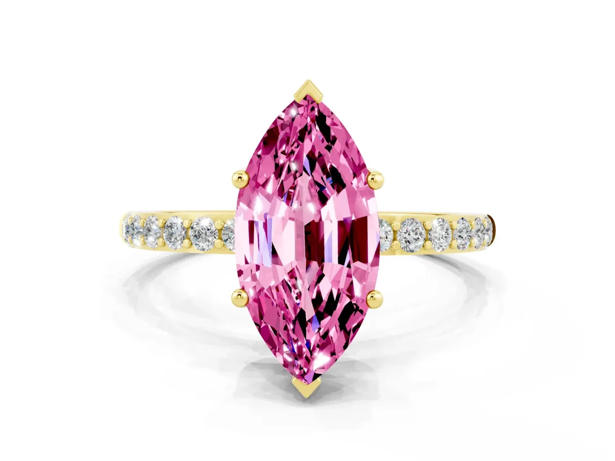 Marquise Cut Pink Sapphire Solitaire Ring with Round Pavé Band and Prong Setting Yellow gold