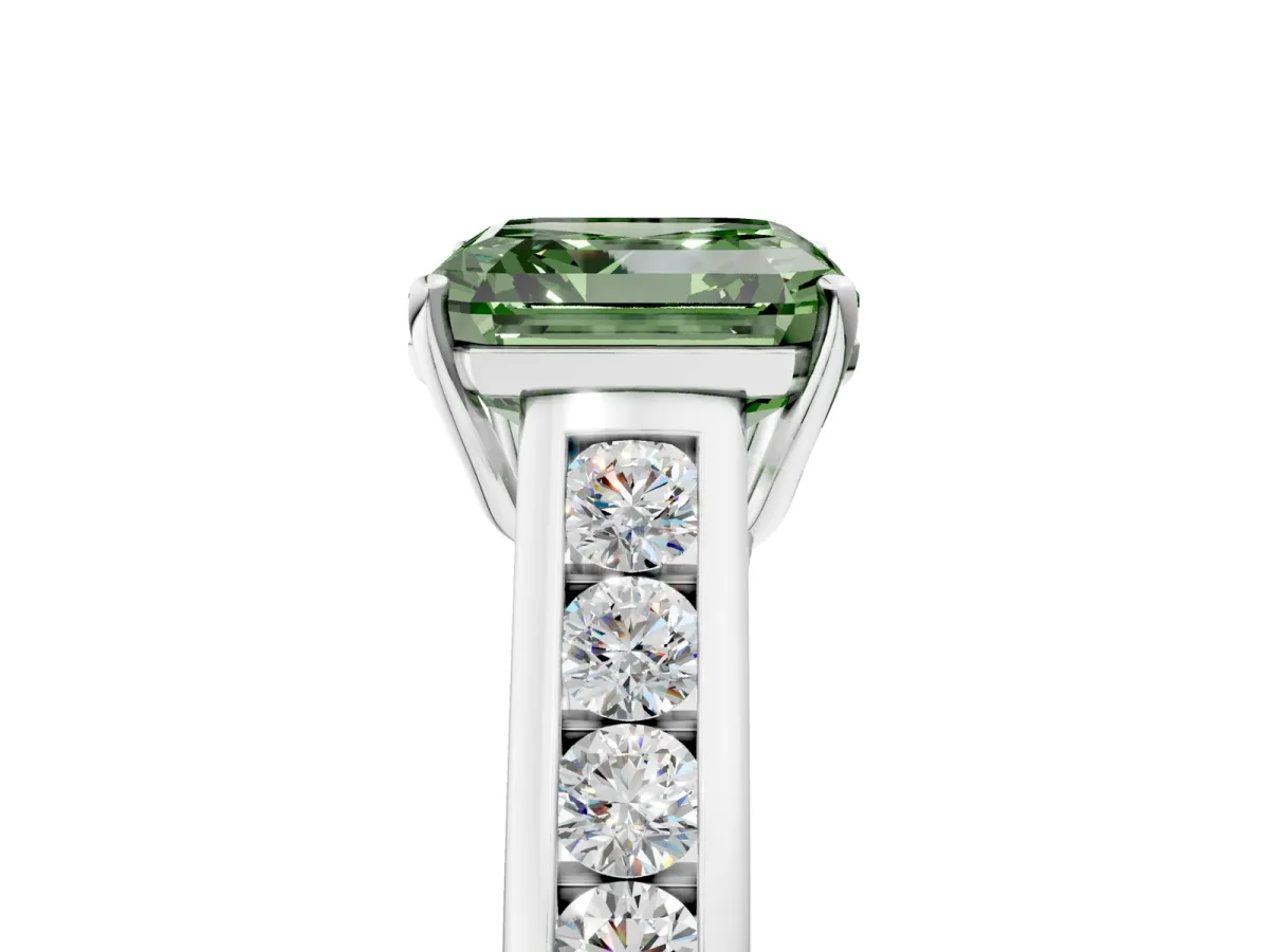 Fancy Green Asscher Cut Brilliant Channel-Set Solitaire Ring with Four-Prong Setting Platinum