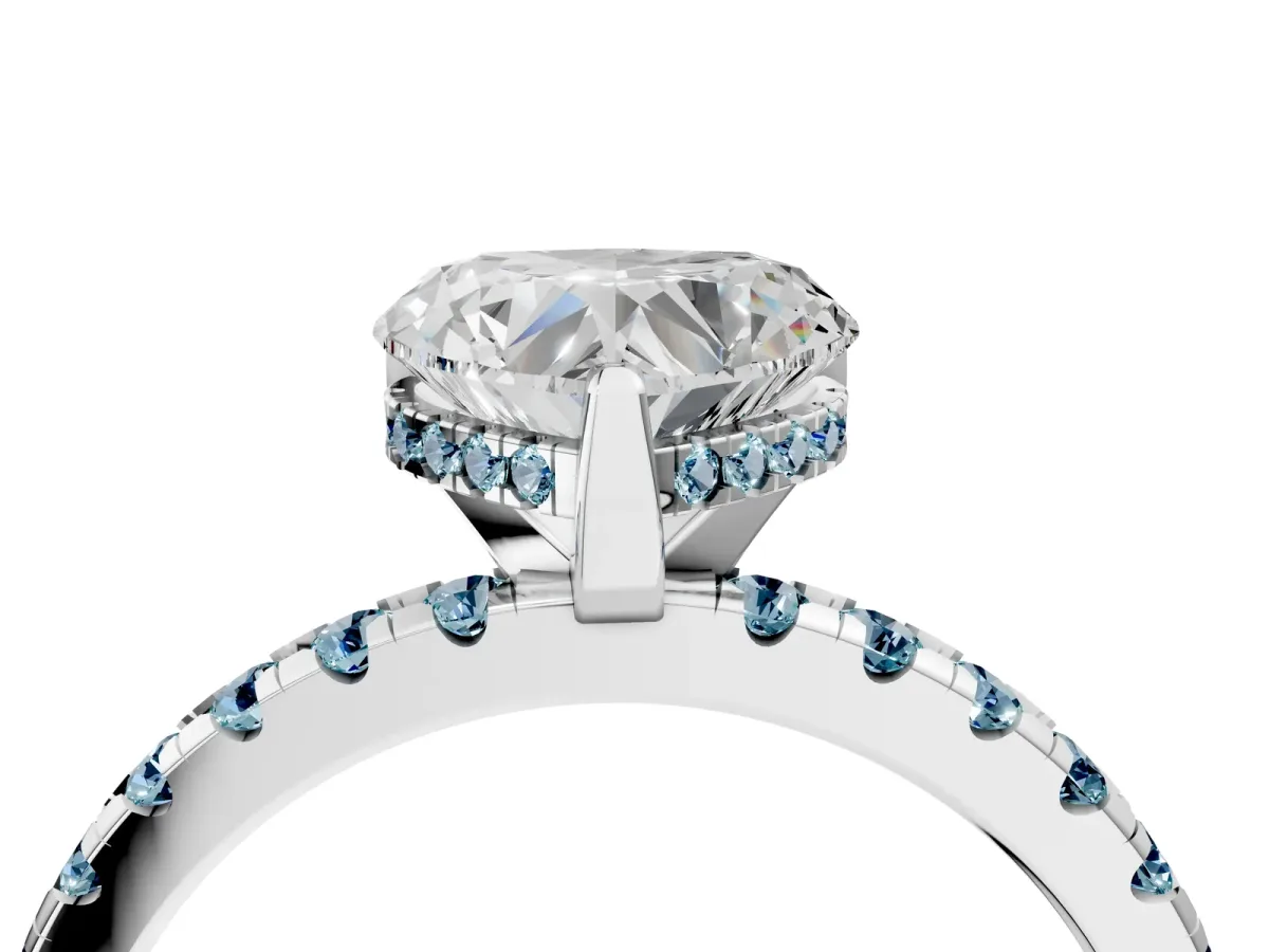 Heart Cut Diamond Solitaire Ring with Round Aquamarine Pavé Band and Four-Prong Setting Platinum