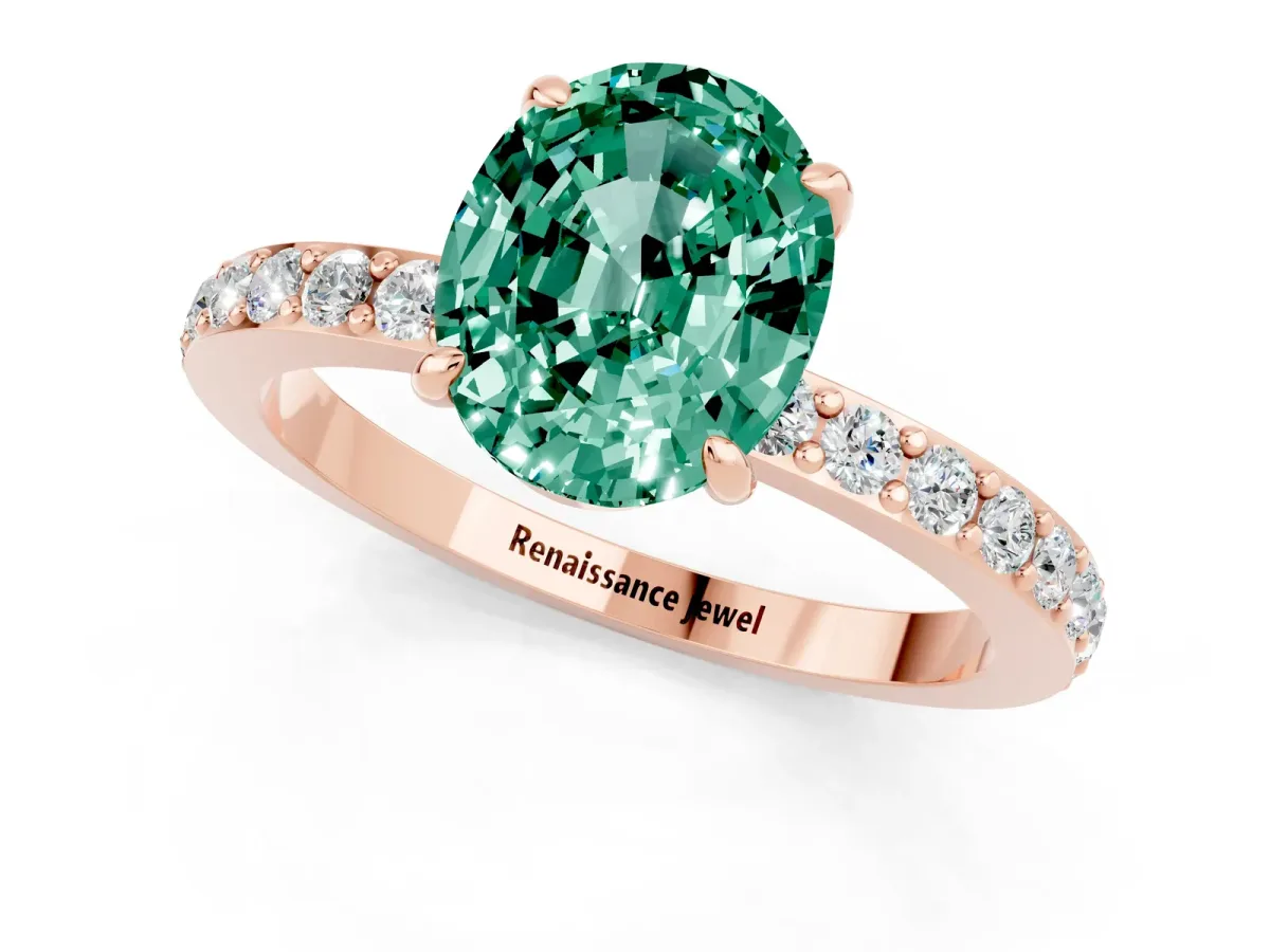 Oval Cut Green Sapphire Solitaire Engagement Ring with Pavé Band and Four-Prong Setting Rose gold