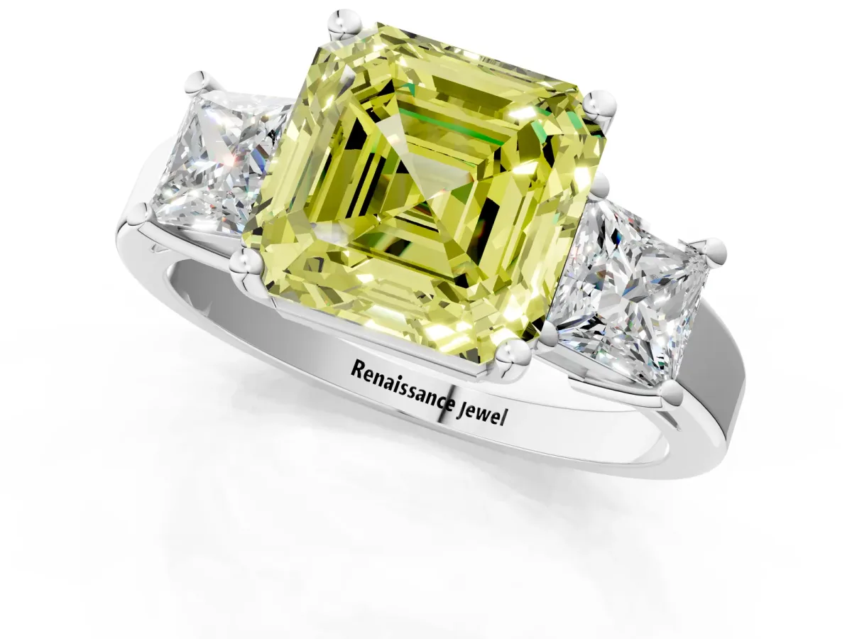 Fancy Yellow Three-Stone Asscher Cut Cut Solitaire Ring with Prong Setting Platinum