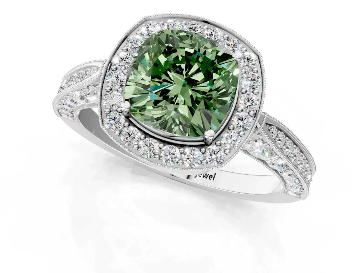 Fancy Green Cushion Cut Halo Diamond Engagement Ring with Split Shank Band and Four-Prong Setting White gold
