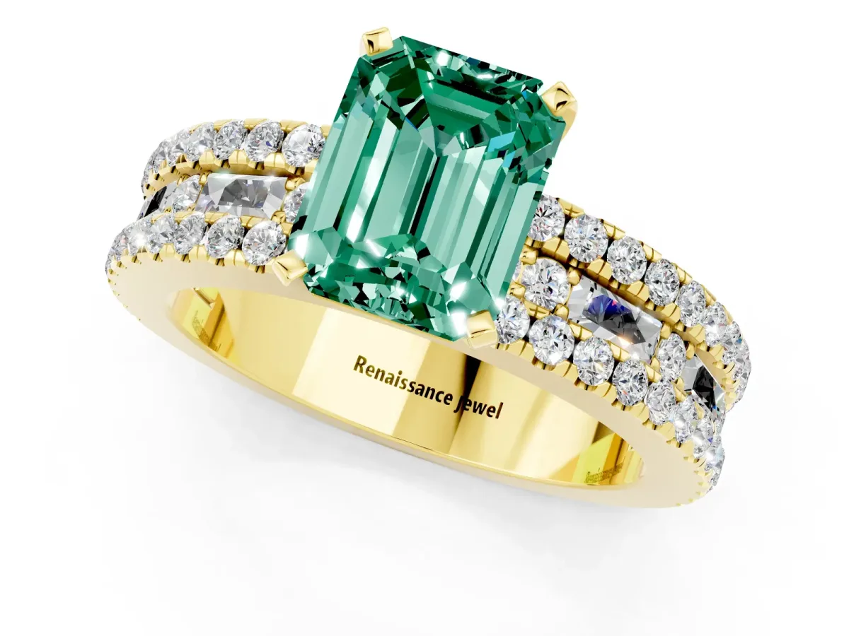 Emerald Cut Green Sapphire Solitaire Ring with Pavé and Channel Set Band Yellow gold