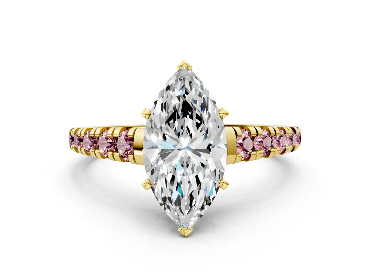 Marquise Cut Diamond Cathedral Solitaire Ring with Round Morganite Pavé Band Yellow gold