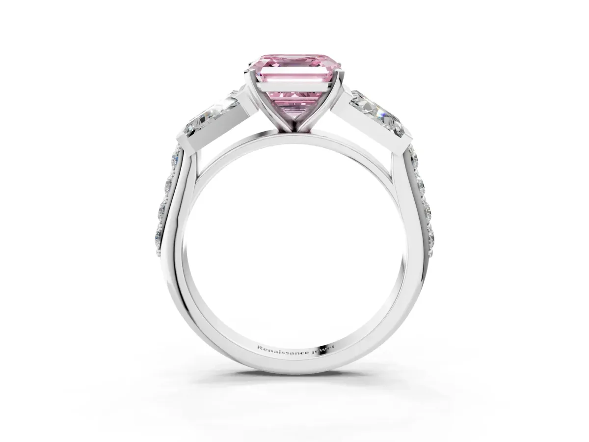 Fancy Pink Asscher Cut Diamond Engagement Ring with Baguette Side Stones and Channel Set Band Platinum