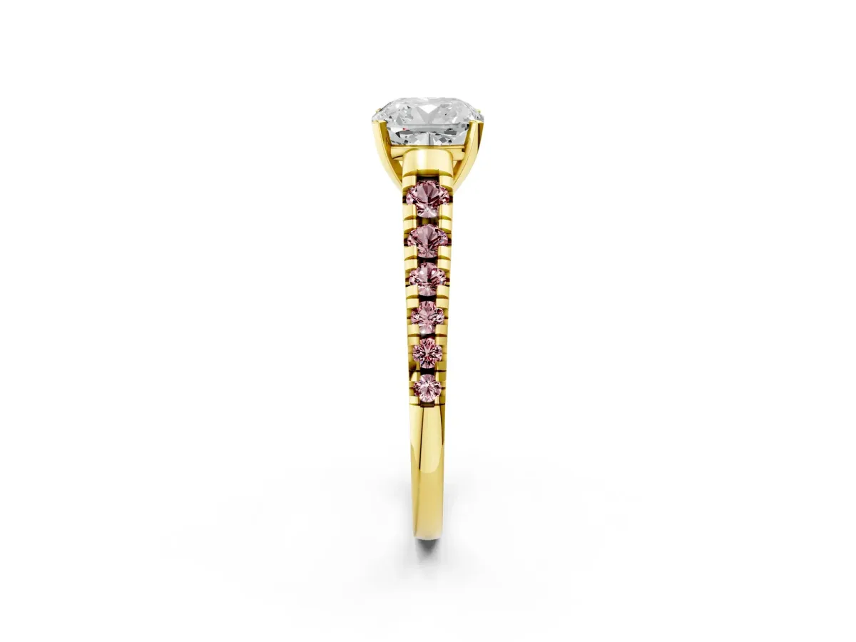 Cushion Cut Diamond Cathedral Solitaire Ring with Round Morganite Pavé Band Yellow gold