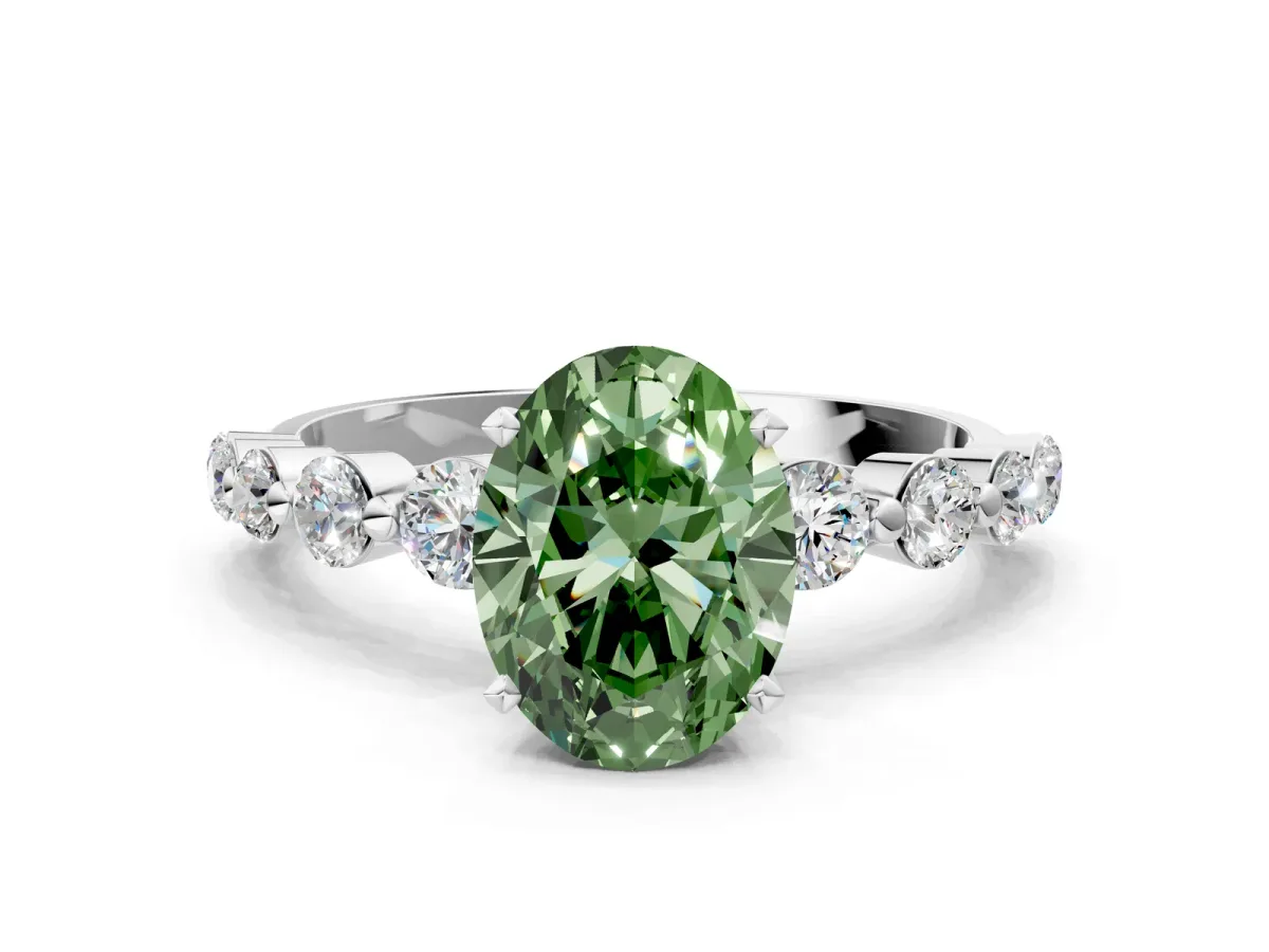 Fancy Green Oval Cut Solitaire Diamond Ring with Pave Band and Four-Prong Setting Silver