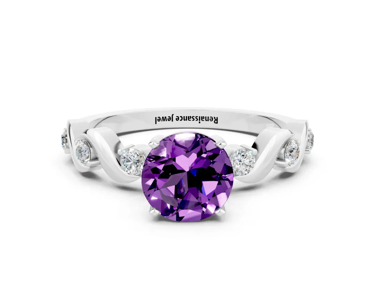 Round Cut Amethyst Solitaire Twisted Band with Round Accents and Prong Setting Silver