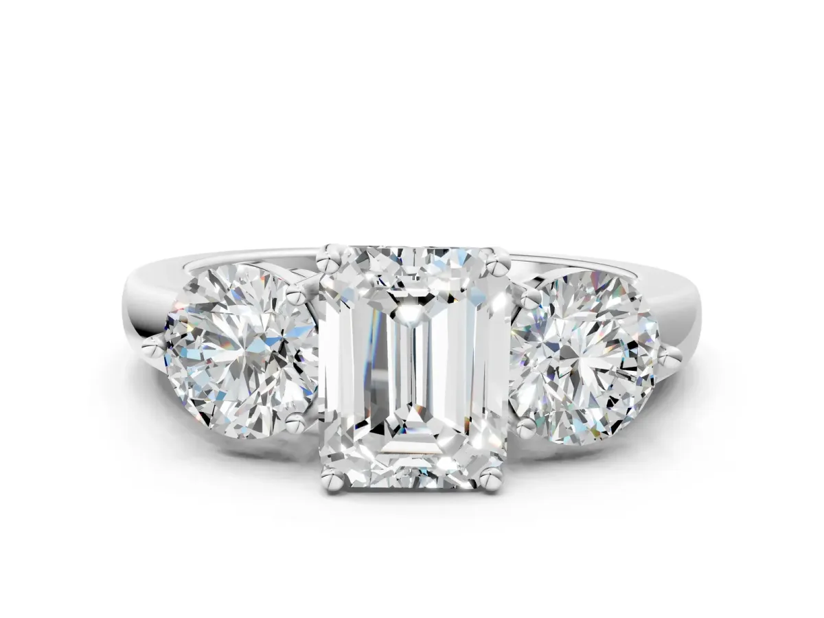 Emerald Cut Diamond Three-Stone Ring with Prong Setting and Classic Band White gold