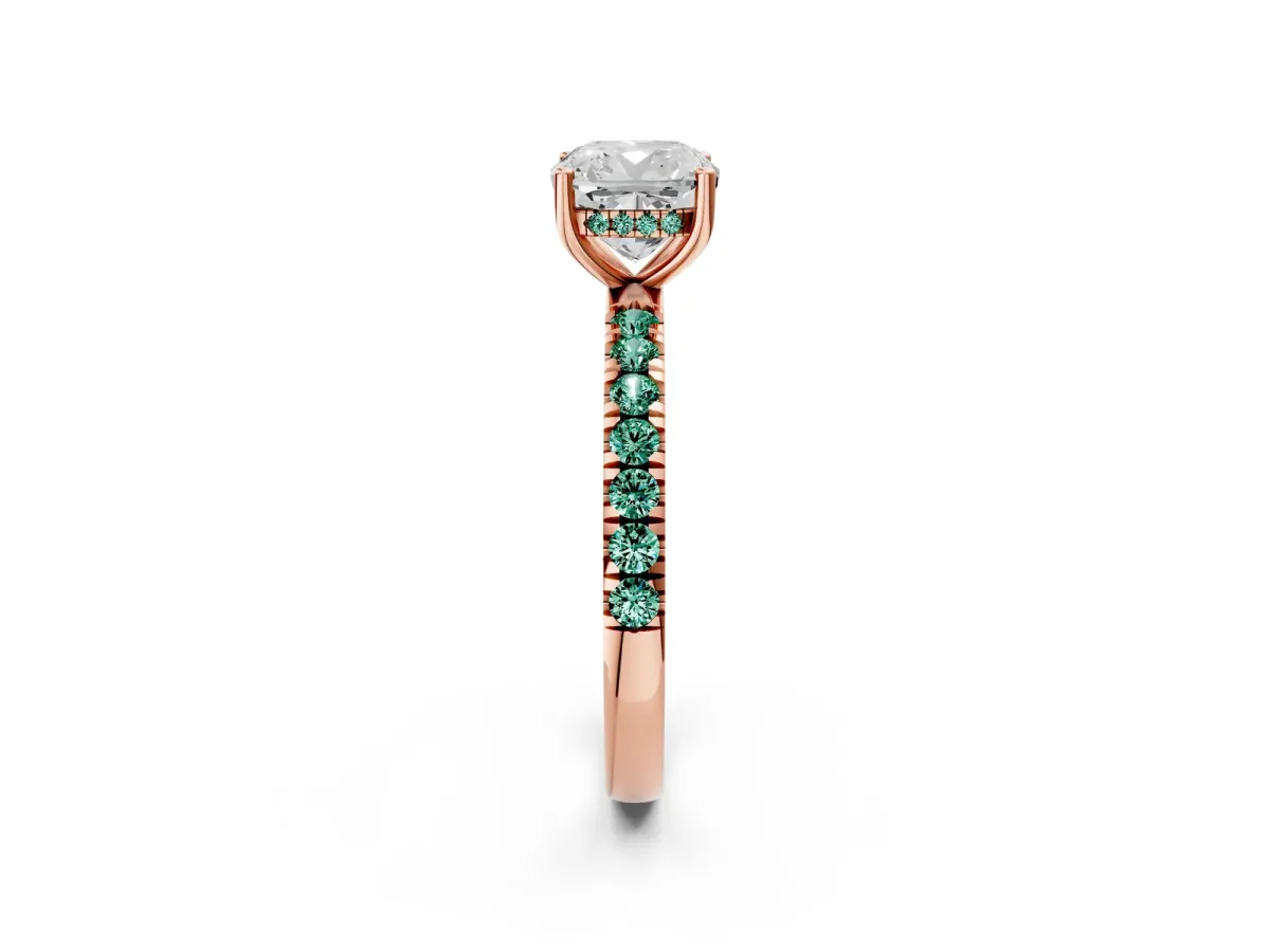 Cushion Cut Diamond Pave Band Solitaire Ring with Round Green Sapphire and Prong Setting Rose gold