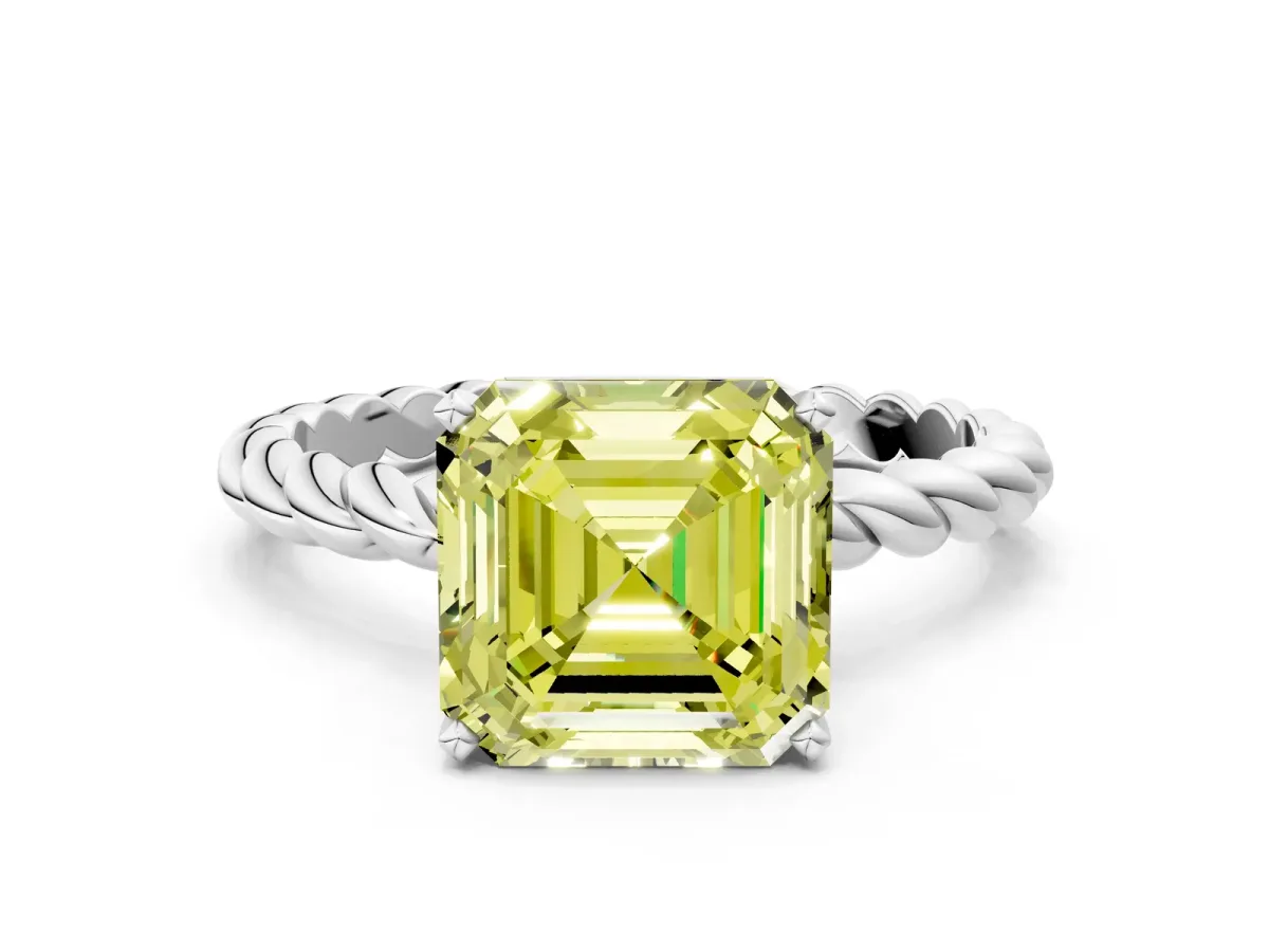 Fancy Yellow Asscher Cut Cut Solitaire Twisted Band with Four-Prong Setting Platinum