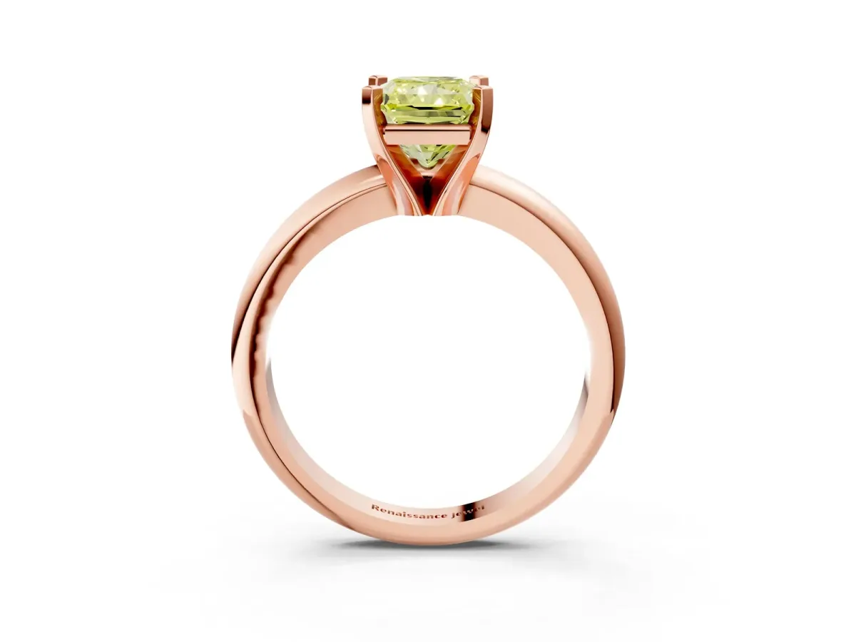Fancy Yellow Radiant Cut Diamond Solitaire Engagement Ring with Round Band and Four-Prong Setting Rose gold