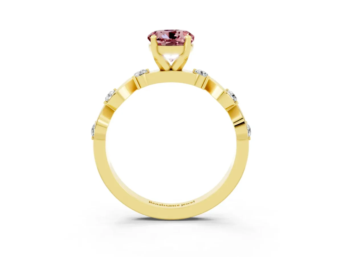 Round Cut Morganite Solitaire Twisted Band with Round Accents and Prong Setting Yellow gold