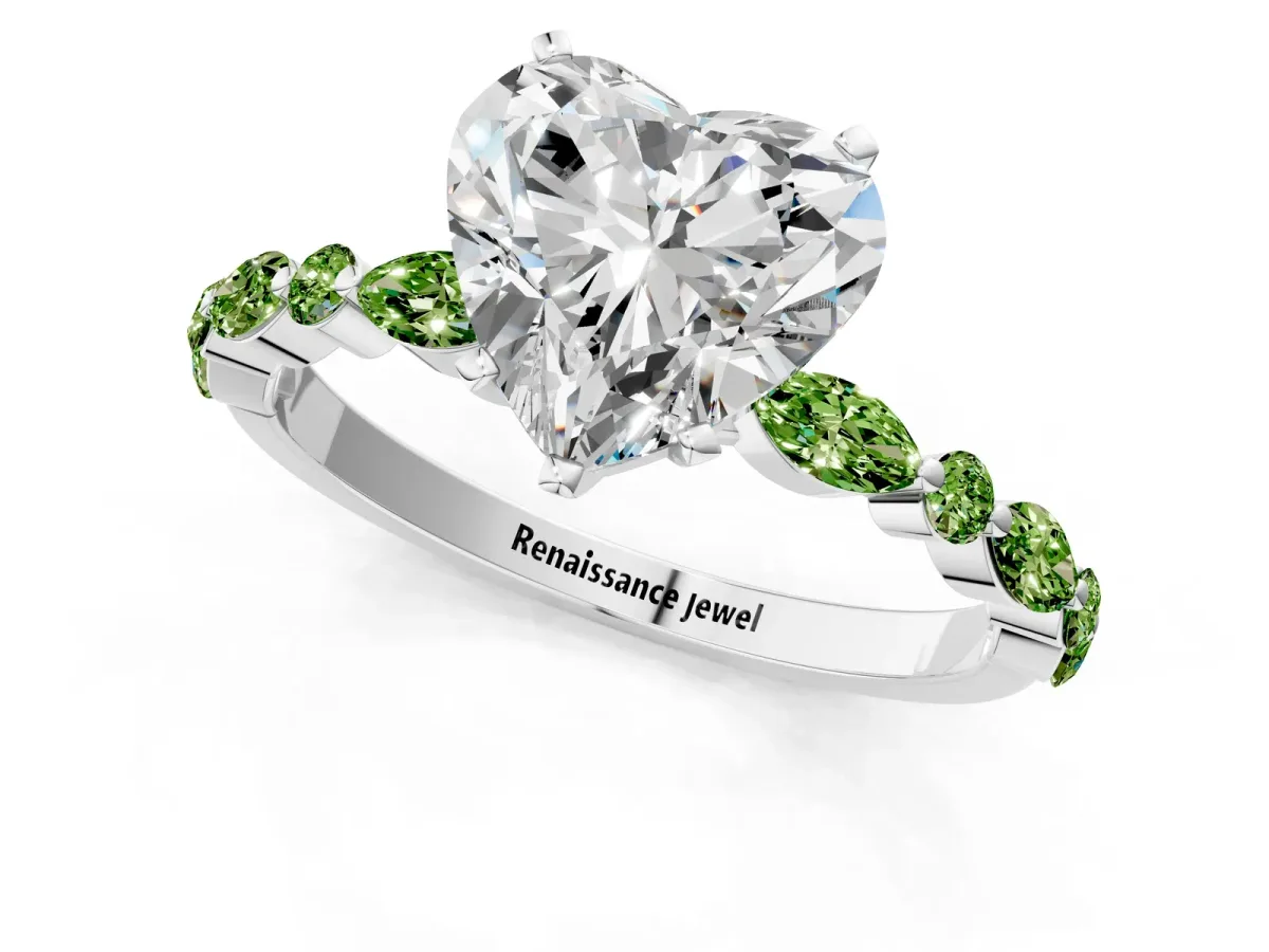 Heart Cut Diamond Ring with Marquise and Round Peridot Side Stones and Four-Prong Setting White gold
