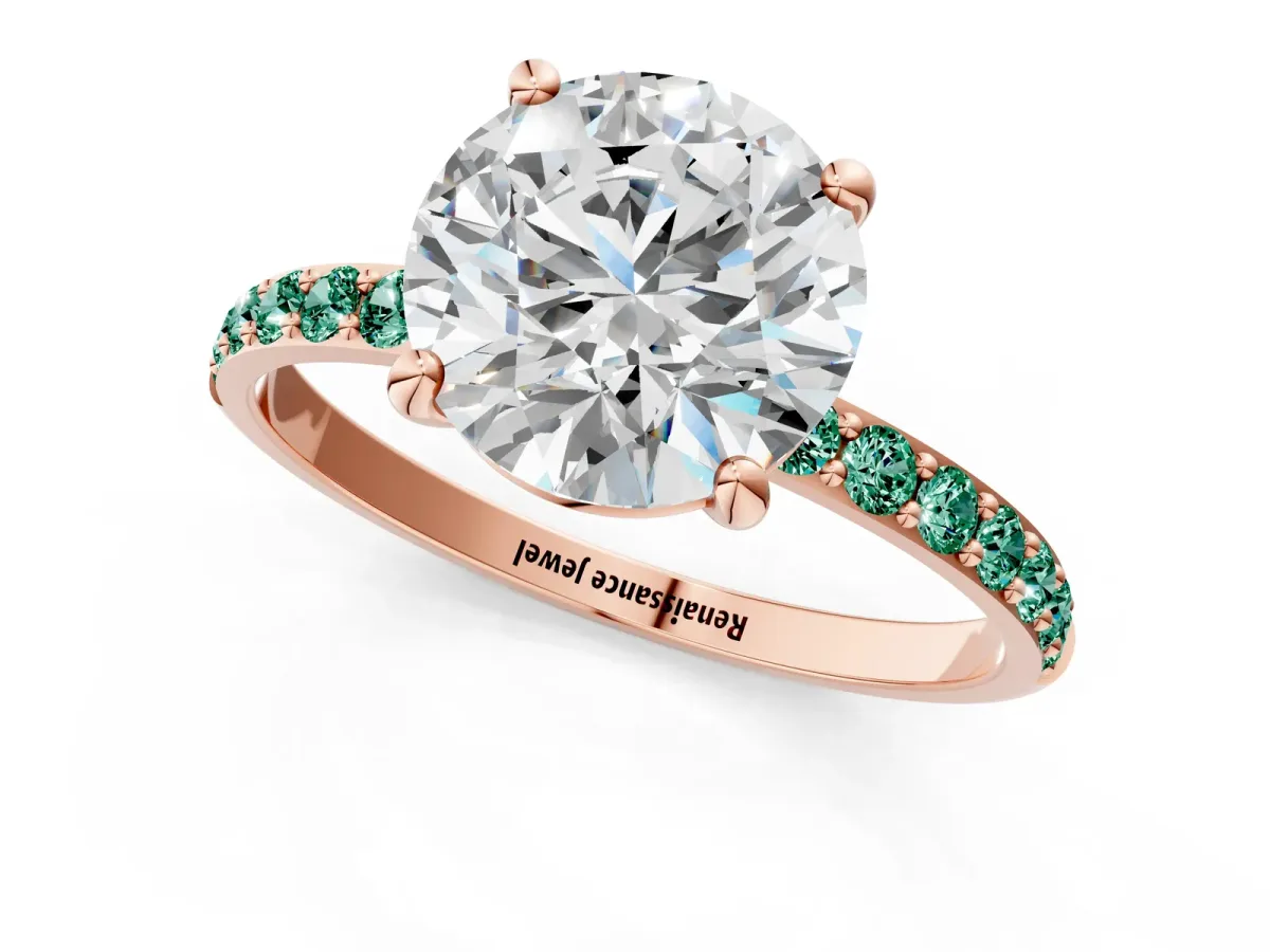 Round Cut Diamond Solitaire Ring with Round Green Sapphire Pavé Band and Prong Setting Rose gold