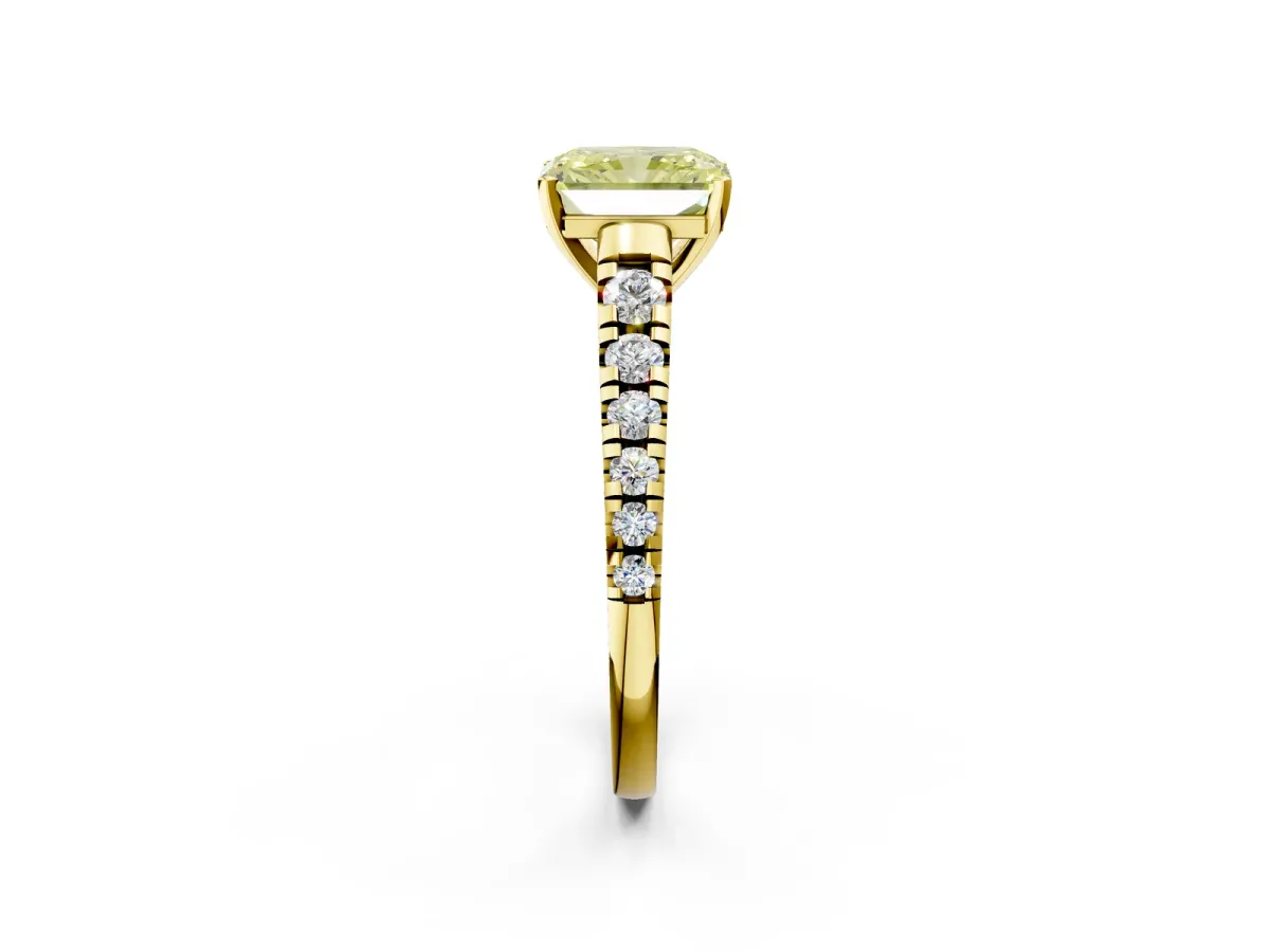Fancy Yellow Radiant Cut Diamond Cathedral Solitaire Ring with Round Pavé Band Yellow gold