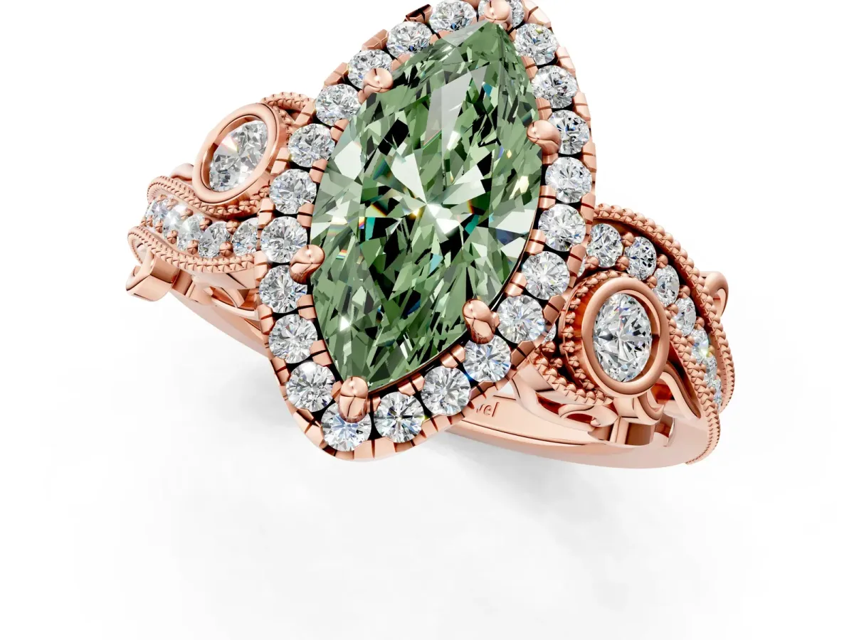 Fancy Green Marquise Cut Diamond Halo Ring with Milgrain Pavé Band and Four-Prong Setting Rose gold