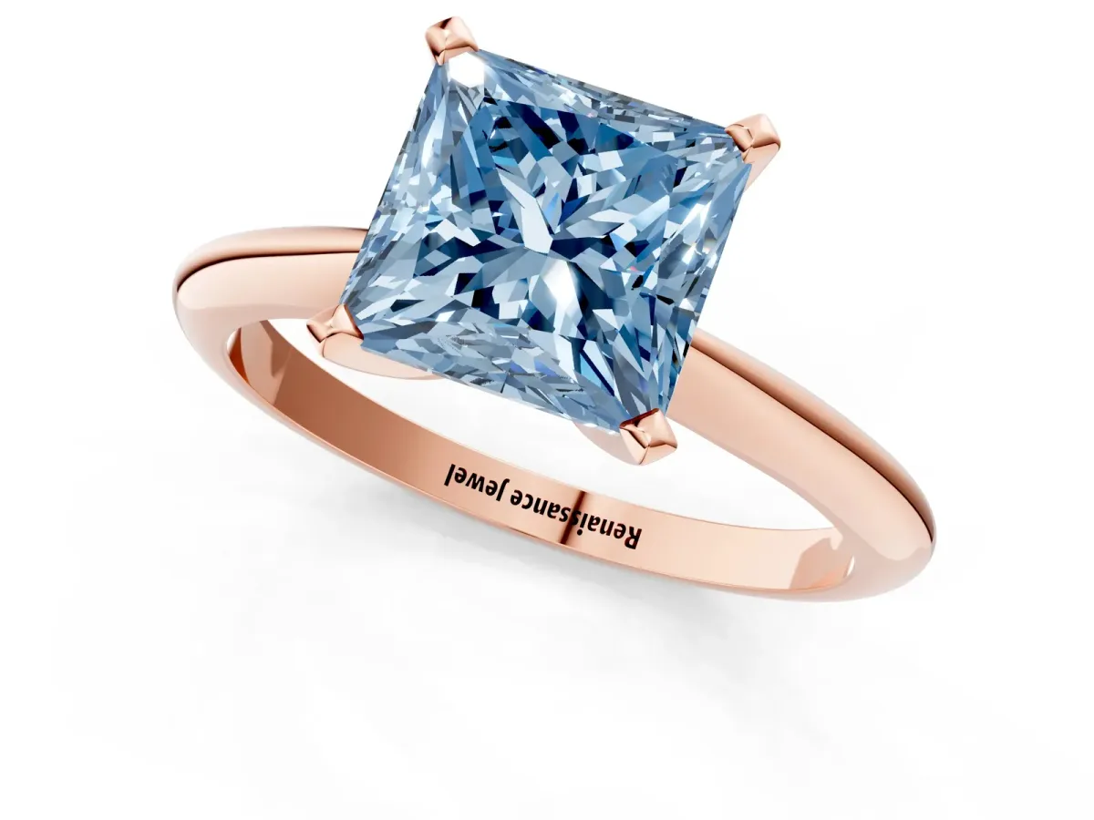Fancy Blue Princess Cut Diamond Solitaire Engagement Ring with Classic Band and Four-Prong Setting Rose gold
