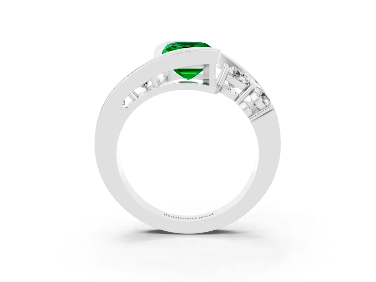 Bezel Set Emerald Cut Emerald Bypass Ring with Round Accents Silver