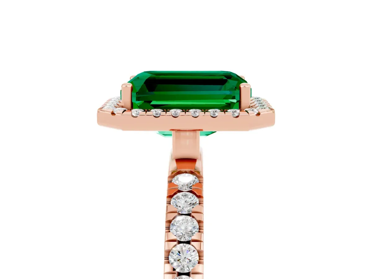 Emerald Cut Emerald Classic Halo Engagement Ring with Round Pavé Band and Prong Setting Rose gold