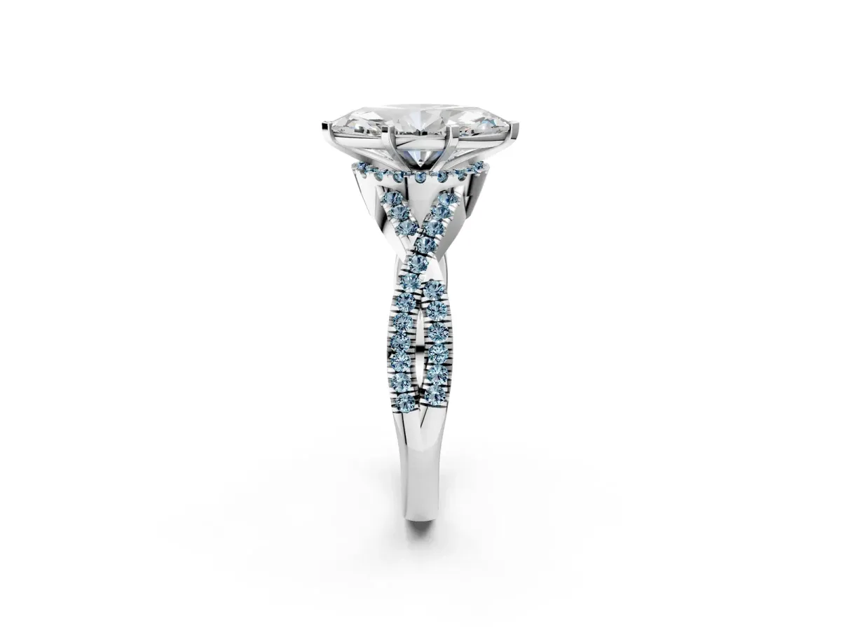 Marquise Cut Diamond Aquamarine Halo Twist Band Solitaire Prong Setting Ring White gold