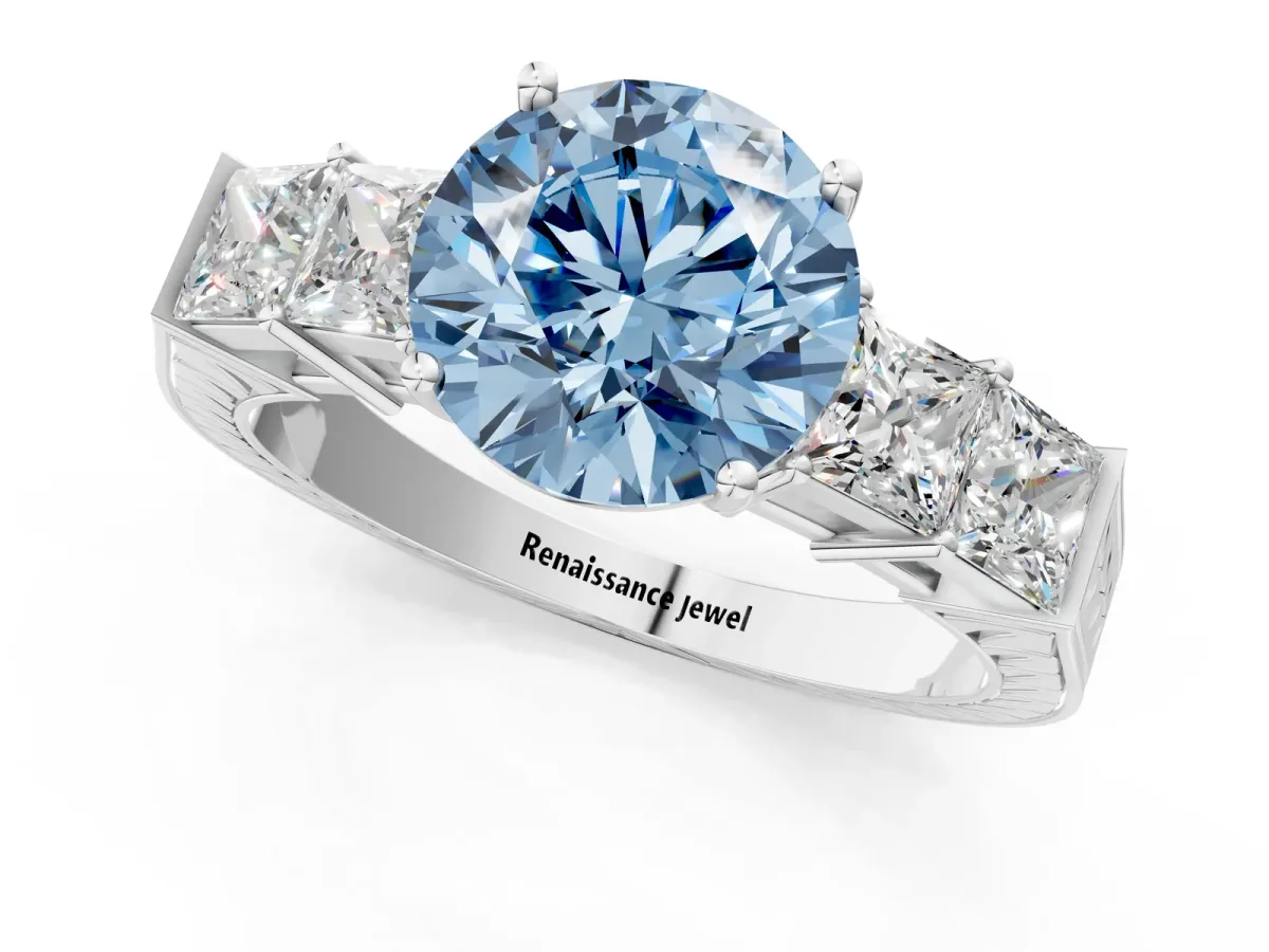 Fancy Blue Round Cut Solitaire Princess Side Stone Engraved Band Prong Setting Ring White gold