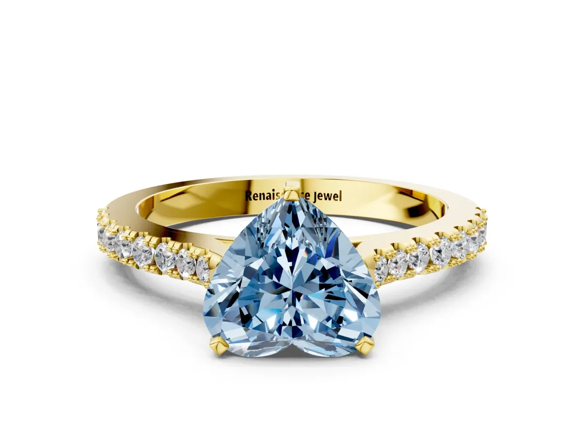 Fancy Blue Heart Cut Cut Solitaire Diamond Engagement Ring with Pave Band and Four-Prong Setting Yellow gold