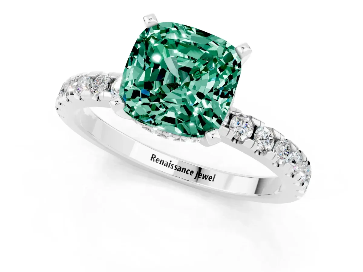 Cushion Cut Green Sapphire Solitaire Ring with Round Pavé Band and Four-Prong Setting White gold